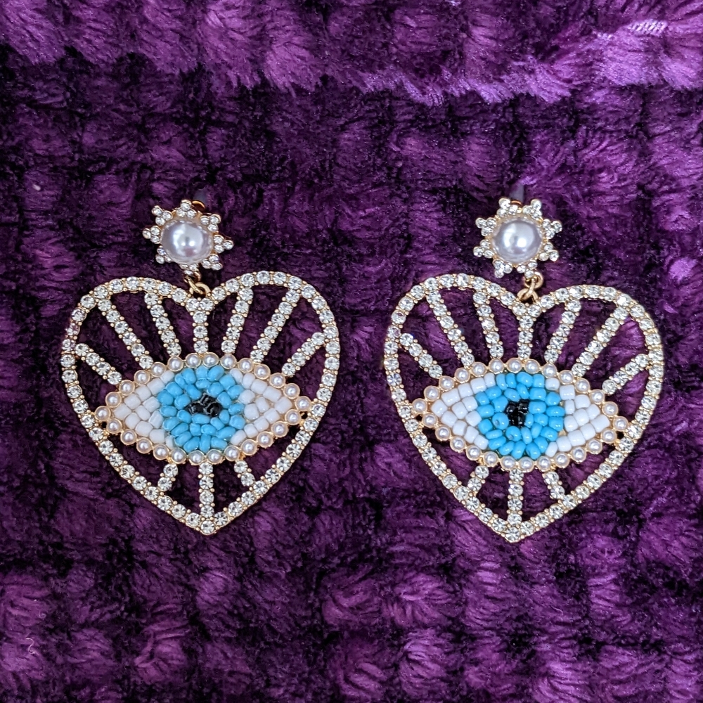 Good Vibes Evil Eye Heart Shaped Beaded Earrings